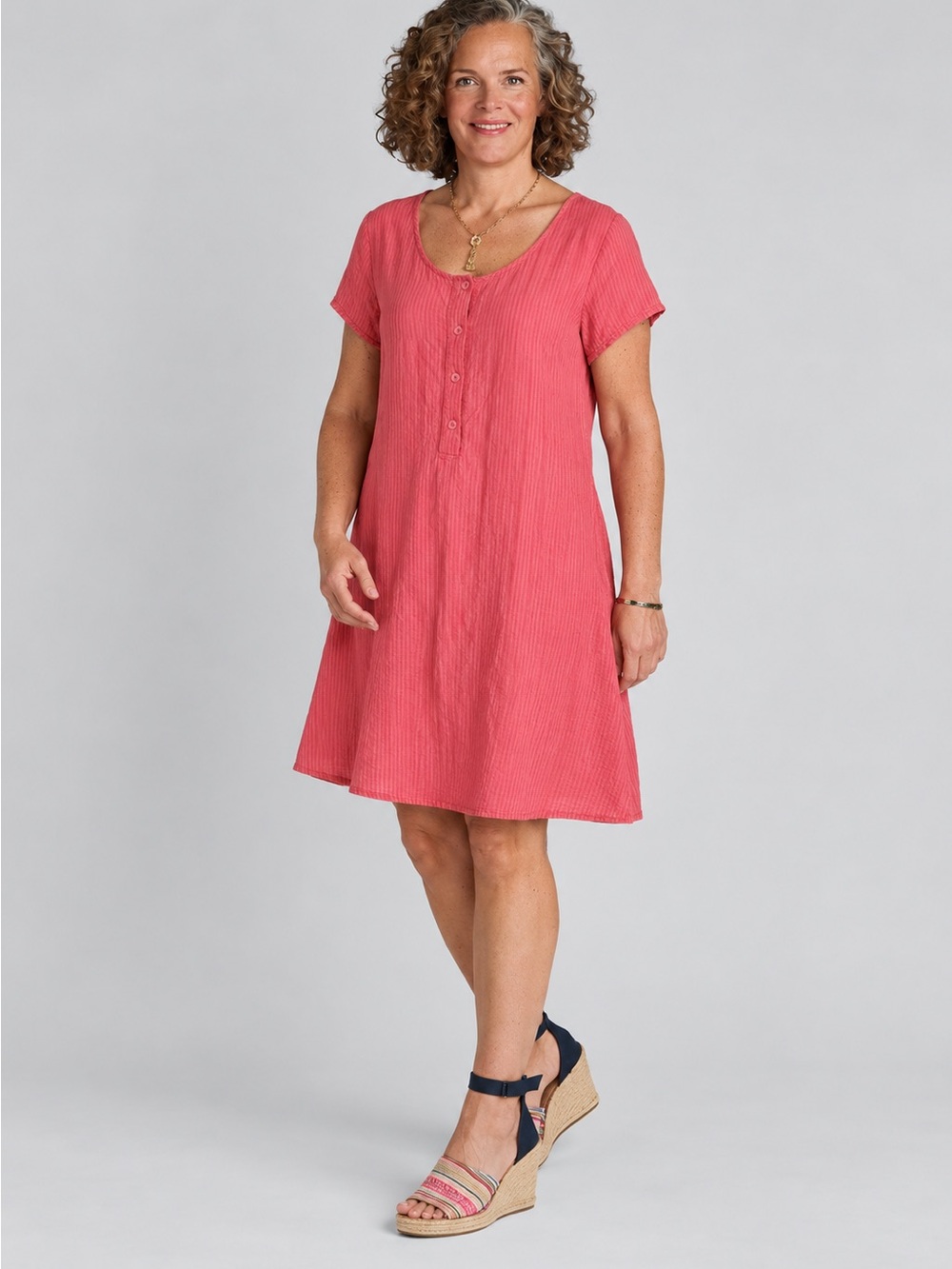 FLAX 100% Linen Coral Pink Striped Tunic Dress – Size Medium 603